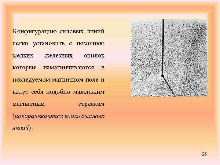 Конфигурацию силовых линий легко установить с помощью мелких железных опилок которые намагничиваются в исследуемом
