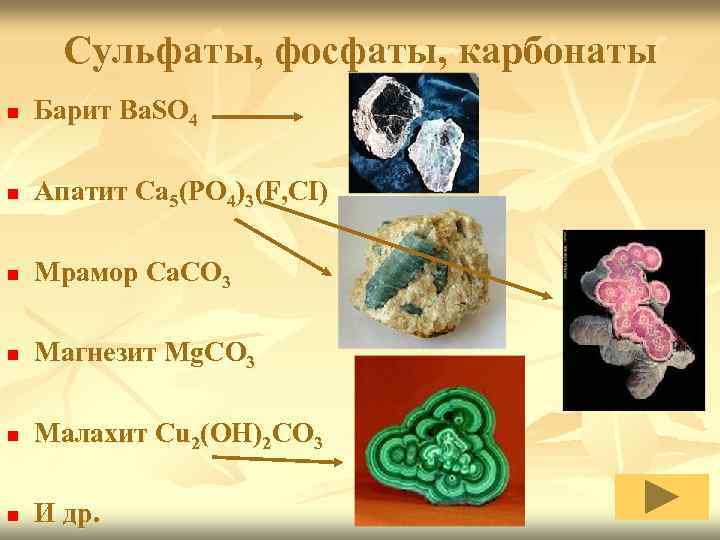 Сульфаты, фосфаты, карбонаты n Барит Ba. SO 4 n Апатит Ca 5(PO 4)3(F, CI)