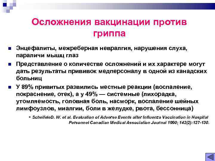 Осложнения вакцинации против гриппа Энцефалиты, межреберная невралгия, нарушения слуха, параличи мышц глаз Представление о