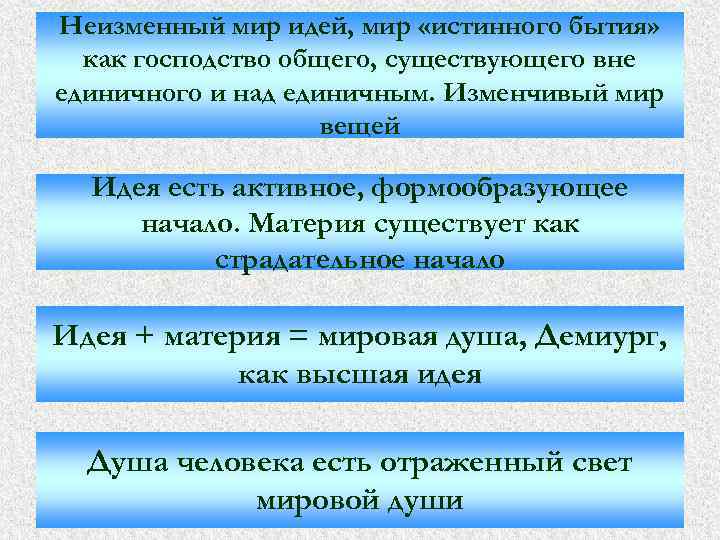 Неизменный мир идей, мир «истинного бытия» как господство общего, существующего вне единичного и над