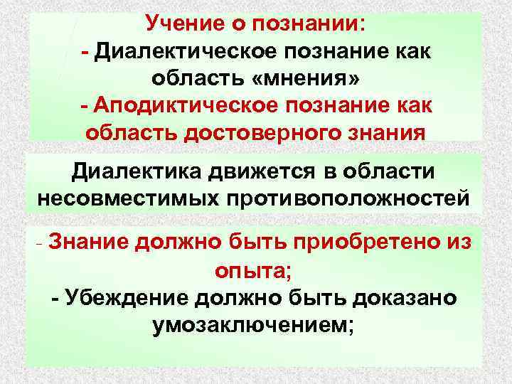 Учение о познании: - Диалектическое познание как область «мнения» - Аподиктическое познание как область