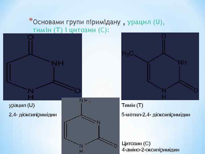 *Основами групи піримідану , урацил (U), тимін (Т) і цитозин (С): урацил (U) Тимін