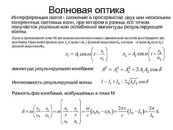 Волновая оптика формулы