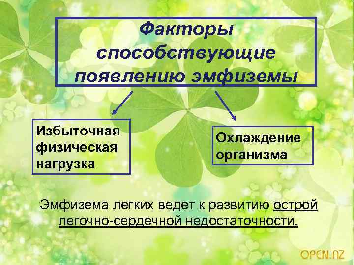 Факторы способствующие появлению эмфиземы Избыточная физическая нагрузка Охлаждение организма Эмфизема легких ведет к развитию