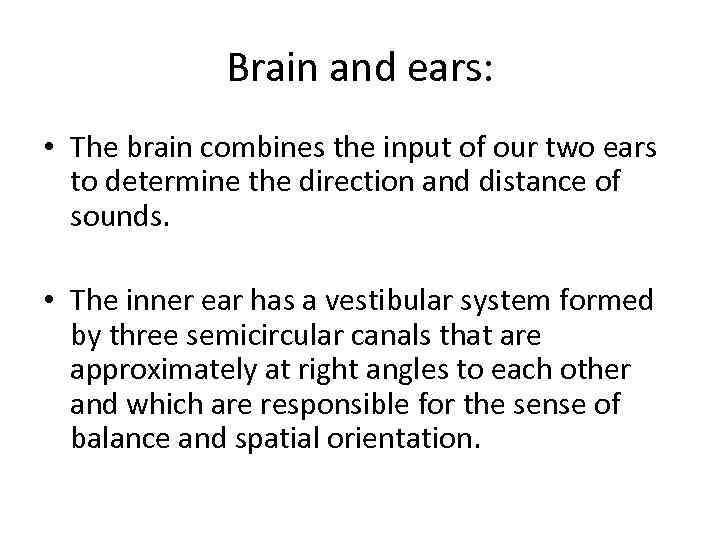 Brain and ears: • The brain combines the input of our two ears to