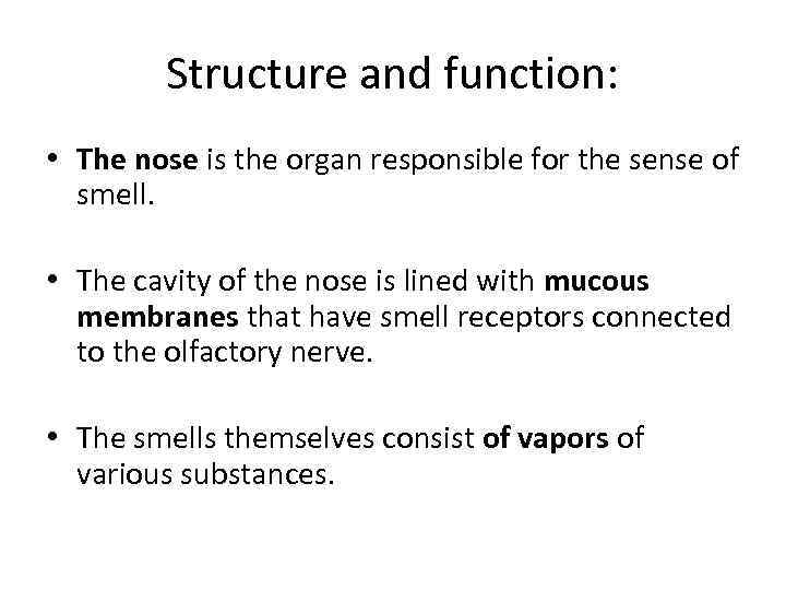 Structure and function: • The nose is the organ responsible for the sense of
