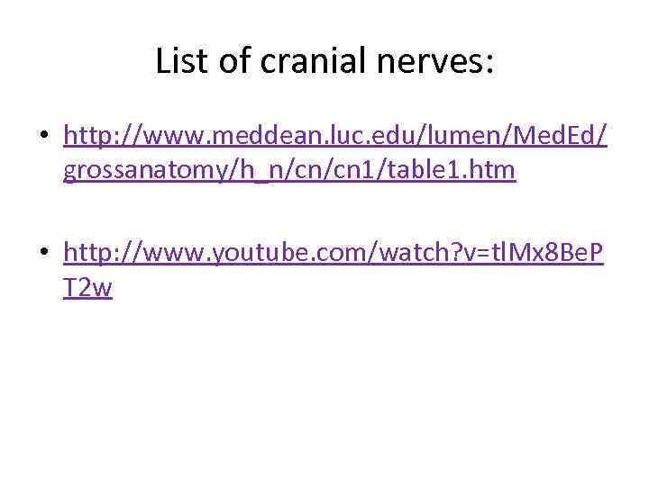 List of cranial nerves: • http: //www. meddean. luc. edu/lumen/Med. Ed/ grossanatomy/h_n/cn/cn 1/table 1.