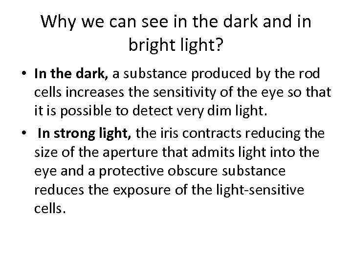 Why we can see in the dark and in bright light? • In the