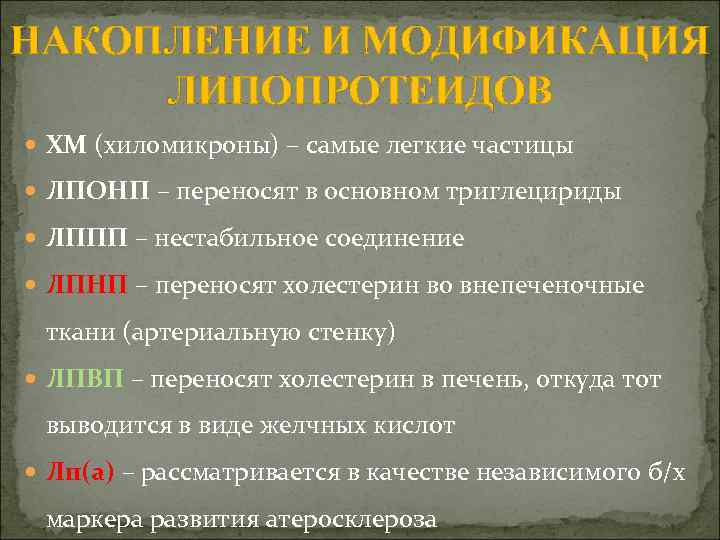 НАКОПЛЕНИЕ И МОДИФИКАЦИЯ ЛИПОПРОТЕИДОВ ХМ (хиломикроны) – самые легкие частицы ЛПОНП – переносят в
