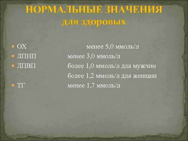 НОРМАЛЬНЫЕ ЗНАЧЕНИЯ для здоровых ОХ ЛПНП ЛПВП ТГ менее 5, 0 ммоль/л менее 3,