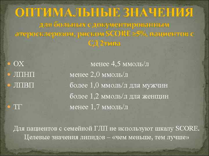 ОПТИМАЛЬНЫЕ ЗНАЧЕНИЯ для больных с документированным атеросклерозом, риском SCORE ≥ 5%, пациентов с СД