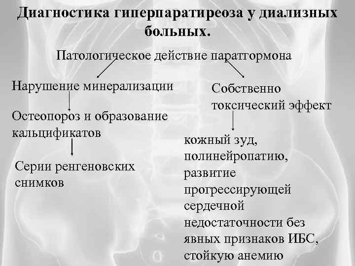 Диагностика гиперпаратиреоза у диализных больных. Патологическое действие паратгормона Нарушение минерализации Собственно токсический эффект Остеопороз