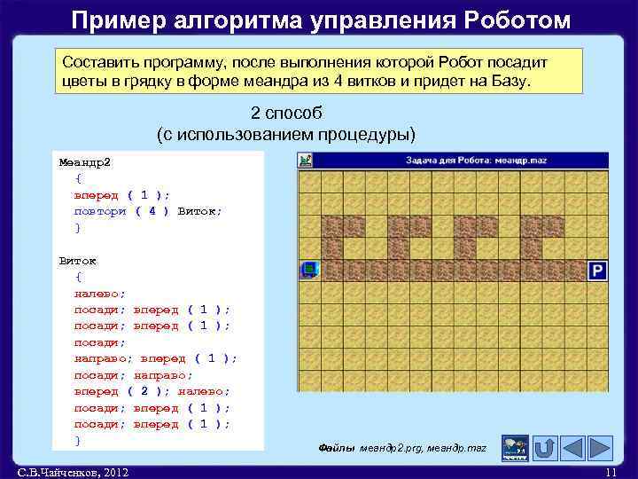 Пример алгоритма управления Роботом Составить программу, после выполнения которой Робот посадит цветы в грядку