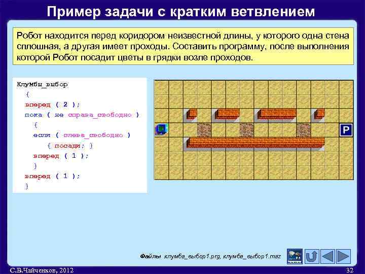 Пример задачи с кратким ветвлением Робот находится перед коридором неизвестной длины, у которого одна