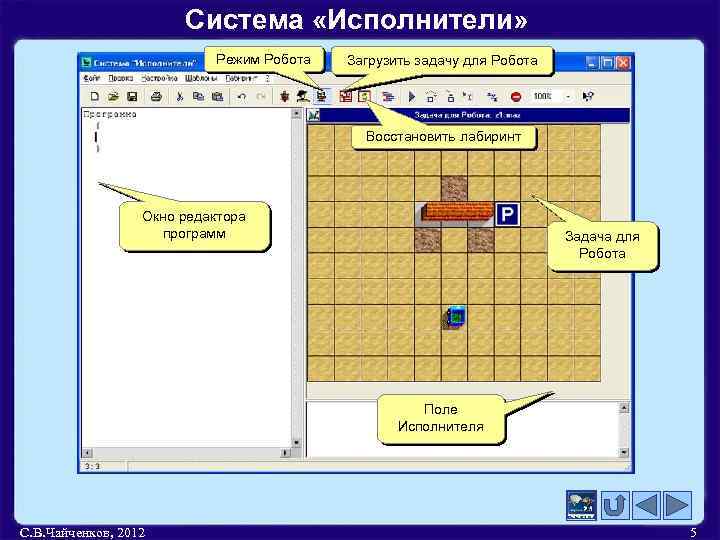 Система «Исполнители» Режим Робота Загрузить задачу для Робота Восстановить лабиринт Окно редактора программ Задача