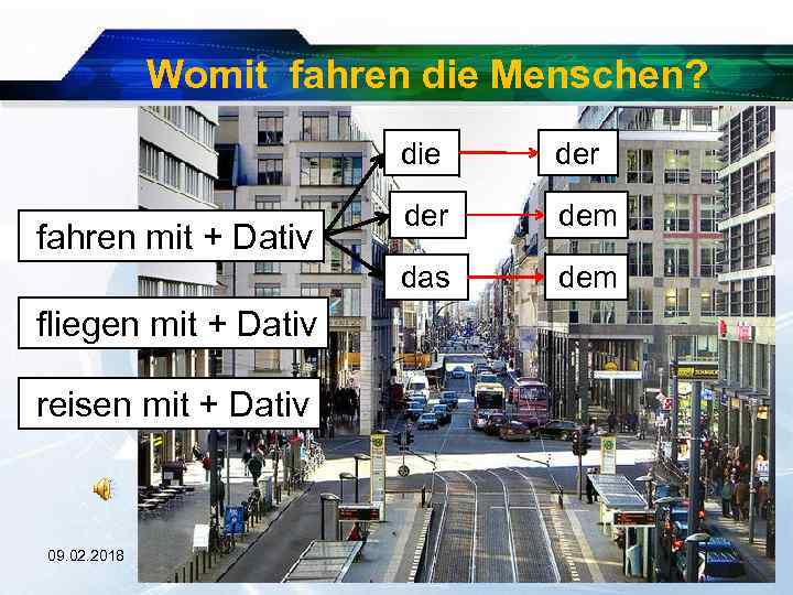 Womit fahren die Menschen? die fliegen mit + Dativ reisen mit + Dativ 09.