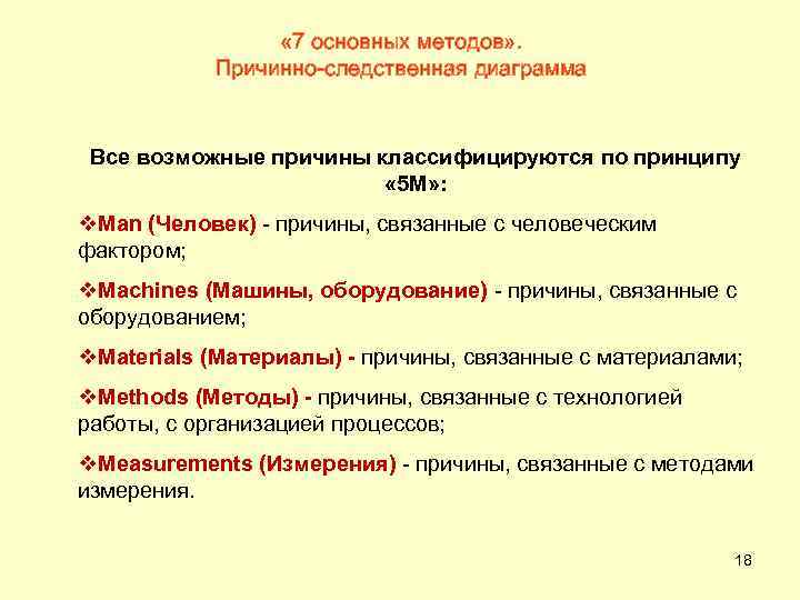  « 7 основных методов» . Причинно-следственная диаграмма Все возможные причины классифицируются по принципу