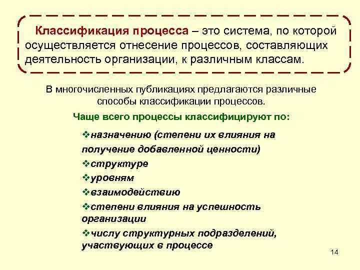 Классификация процесса – это система, по которой осуществляется отнесение процессов, составляющих деятельность организации, к