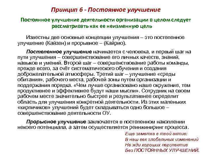 Принцип 6 - Постоянное улучшение деятельности организации в целом следует рассматривать как ее неизменную