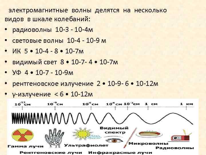 электромагнитные волны делятся на несколько видов в шкале колебаний: • радиоволны 10 -3 -
