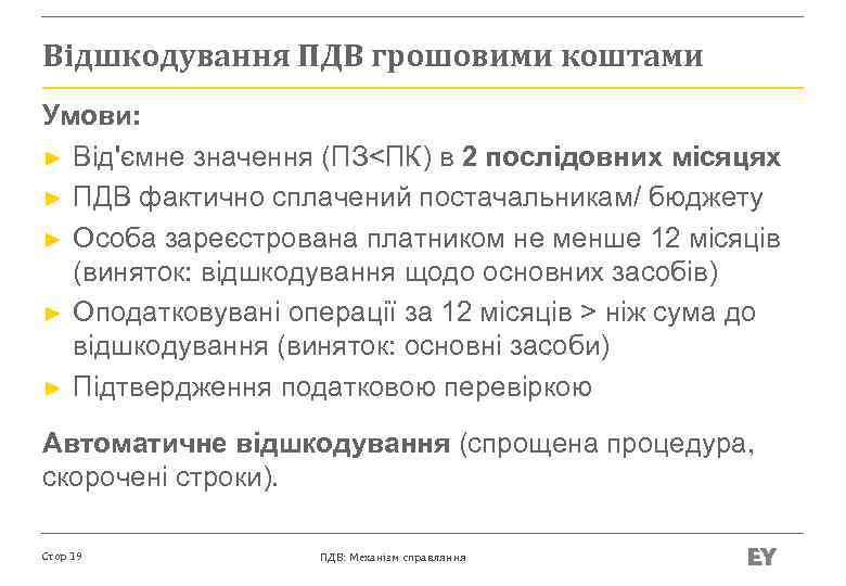 Відшкодування ПДВ грошовими коштами Умови: ► Від'ємне значення (ПЗ<ПК) в 2 послідовних місяцях ►
