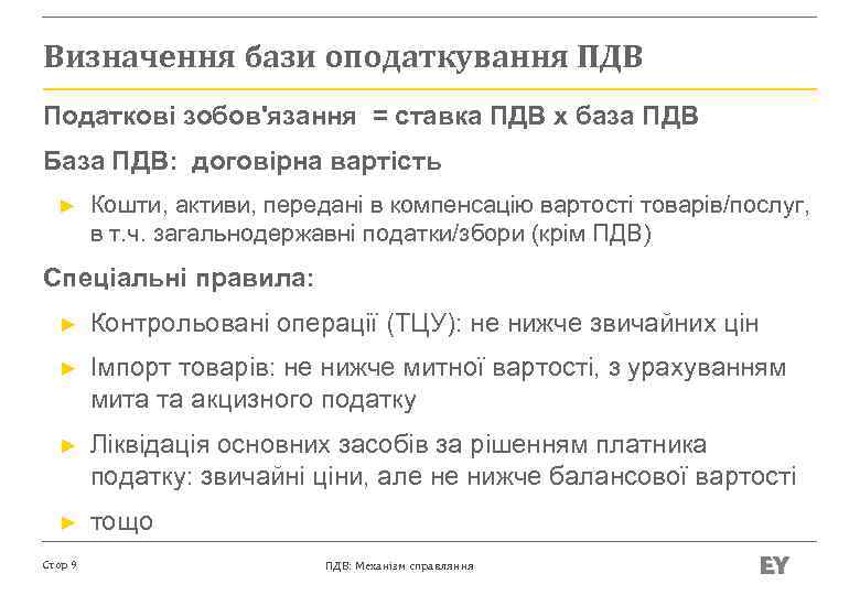 Визначення бази оподаткування ПДВ Податкові зобов'язання = ставка ПДВ х база ПДВ База ПДВ: