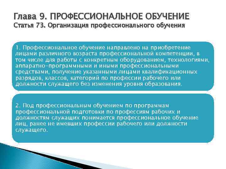 Глава 9. ПРОФЕССИОНАЛЬНОЕ ОБУЧЕНИЕ Статья 73. Организация профессионального обучения 1. Профессиональное обучение направлено на