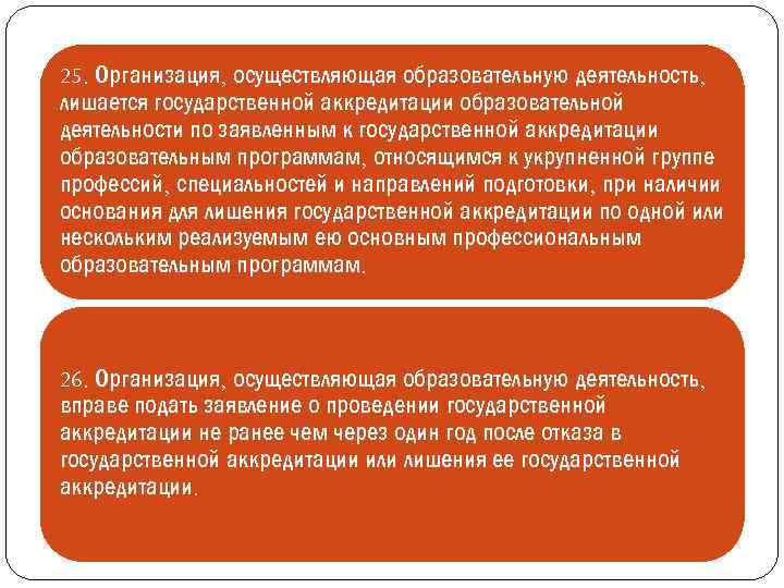 25. Организация, осуществляющая образовательную деятельность, лишается государственной аккредитации образовательной деятельности по заявленным к государственной