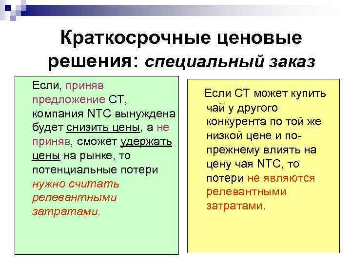 Краткосрочные ценовые решения: специальный заказ Если, приняв предложение СТ, компания NTC вынуждена будет снизить