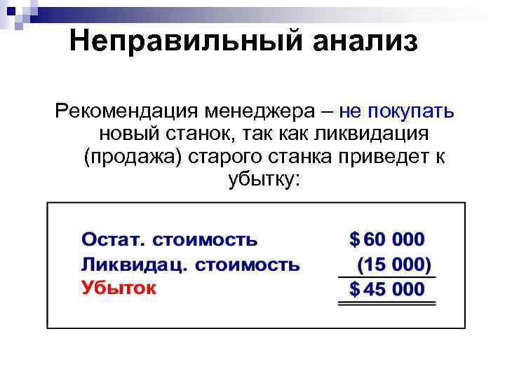 Неправильный анализ Рекомендация менеджера – не покупать новый станок, так как ликвидация (продажа) старого