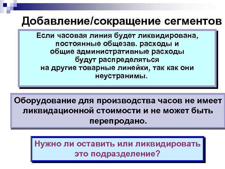 Добавление/сокращение сегментов Если часовая линия будет ликвидирована, постоянные общезав. расходы и общие административные расходы