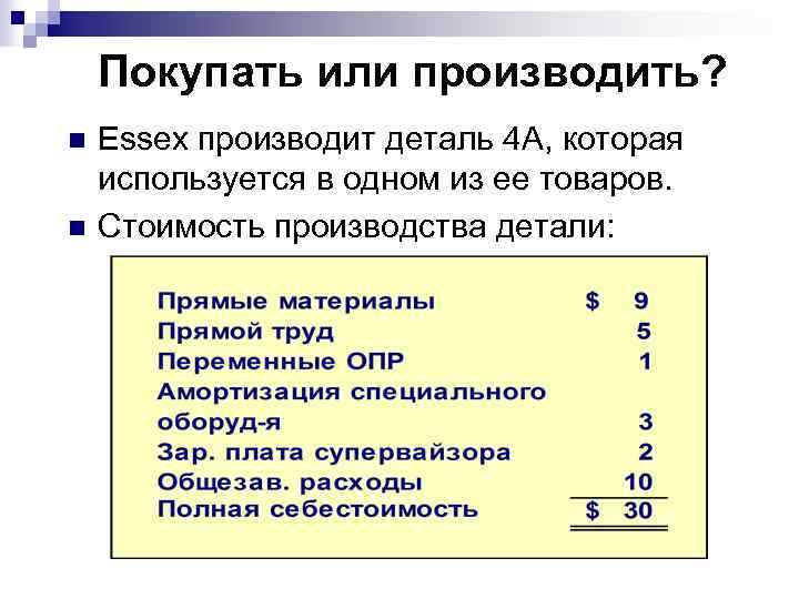 Покупать или производить? n n Essex производит деталь 4 A, которая используется в одном