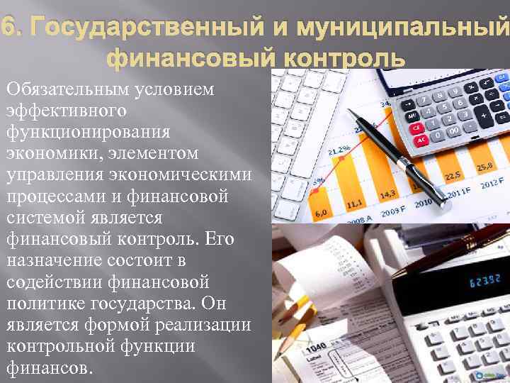 6. Государственный и муниципальный финансовый контроль Обязательным условием эффективного функционирования экономики, элементом управления экономическими