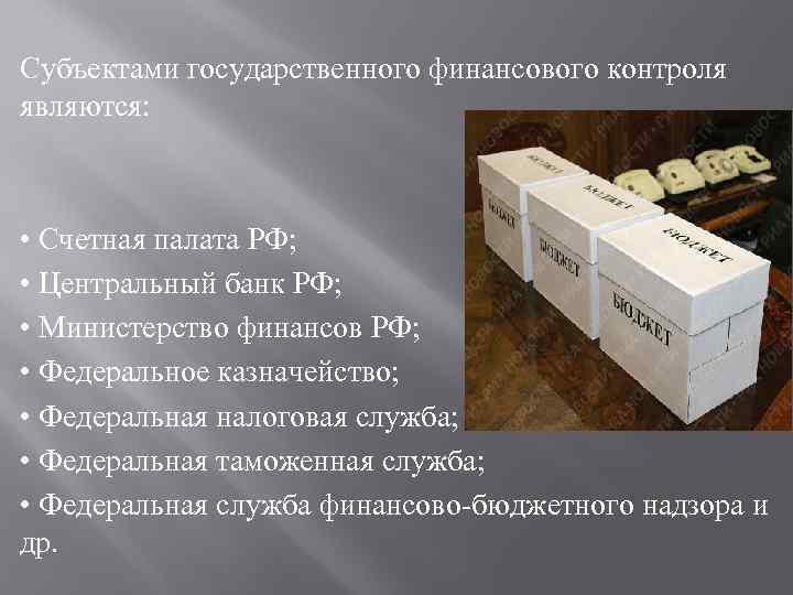 Субъектами государственного финансового контроля являются: • Счетная палата РФ; • Центральный банк РФ; •