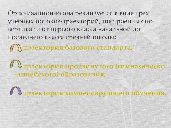Организационно она реализуется в виде трех учебных потоков-траекторий, построенных по вертикали от первого класса