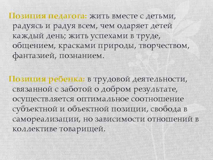 Позиция педагога: жить вместе с детьми, радуясь и радуя всем, чем одаряет детей каждый