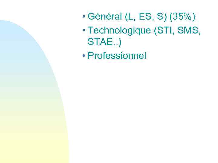  • Général (L, ES, S) (35%) • Technologique (STI, SMS, STAE. . )