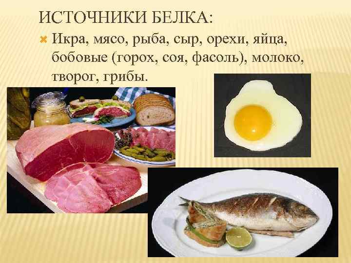 ИСТОЧНИКИ БЕЛКА: Икра, мясо, рыба, сыр, орехи, яйца, бобовые (горох, соя, фасоль), молоко, творог,