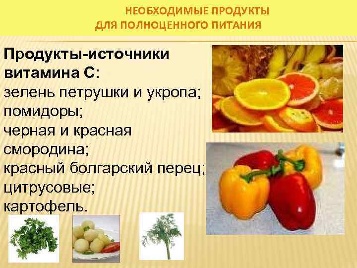 НЕОБХОДИМЫЕ ПРОДУКТЫ ДЛЯ ПОЛНОЦЕННОГО ПИТАНИЯ Продукты-источники витамина С: зелень петрушки и укропа; помидоры; черная