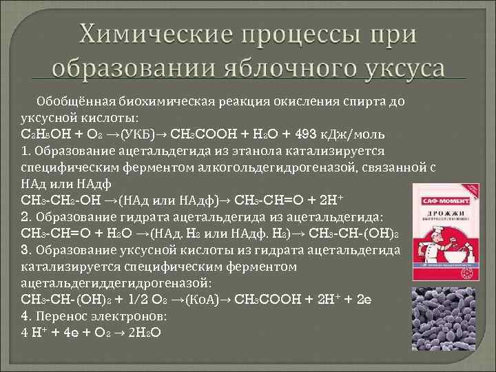 Обобщённая биохимическая реакция окисления спирта до уксусной кислоты: C 2 H 5 OH +