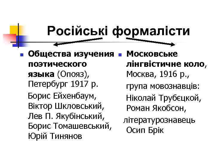 Російські формалісти Общества изучения n Московське поэтического лінгвістичне коло, языка (Опояз), Москва, 1916 р.