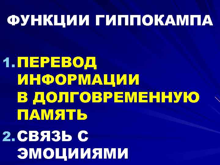 ФУНКЦИИ ГИППОКАМПА 1. ПЕРЕВОД ИНФОРМАЦИИ В ДОЛГОВРЕМЕННУЮ ПАМЯТЬ 2. СВЯЗЬ С ЭМОЦИИЯМИ 