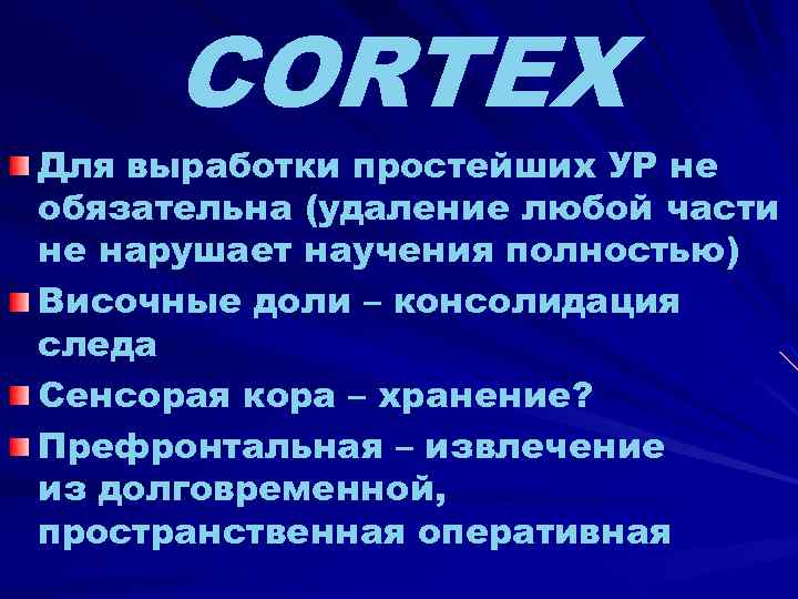 CORTEX Для выработки простейших УР не обязательна (удаление любой части не нарушает научения полностью)