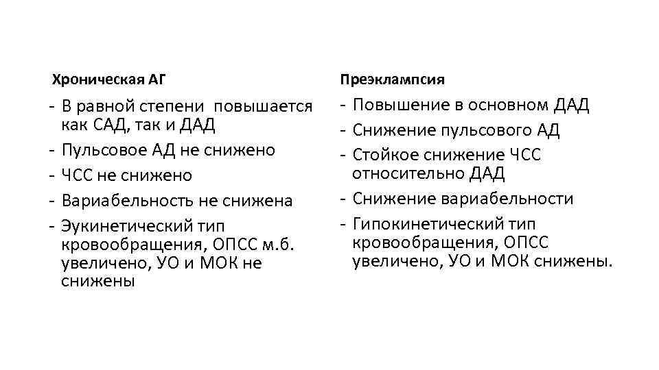 Хроническая АГ Преэклампсия - В равной степени повышается как САД, так и ДАД -