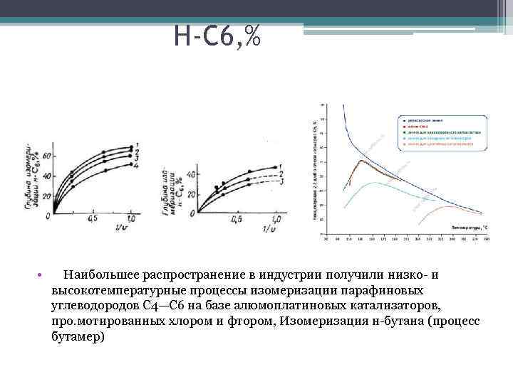 Н-С 6, % • Наибольшее распространение в индустрии получили низко- и высокотемпературные процессы изомеризации