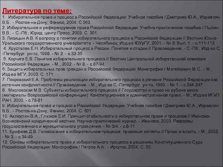 Литература по теме: 1. Избирательное право и процесс в Российской Федерации: Учебное пособие /