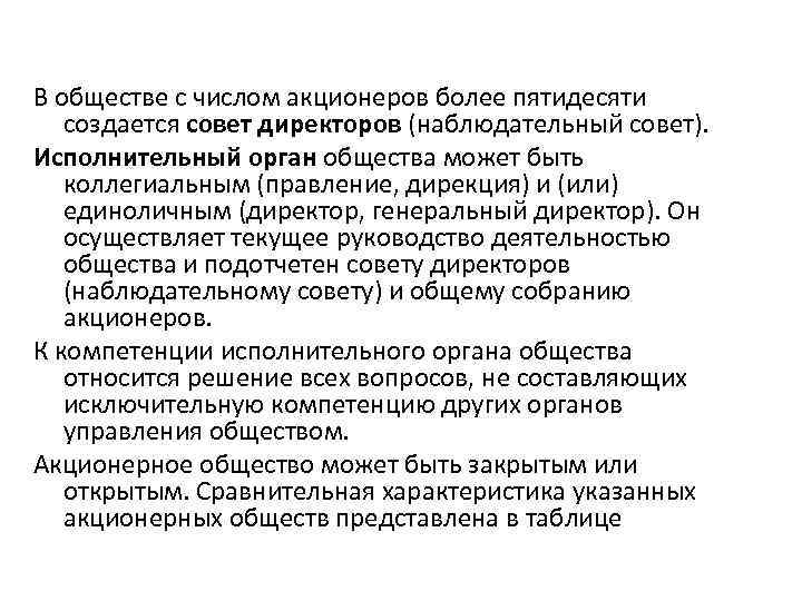 В обществе с числом акционеров более пятидесяти создается совет директоров (наблюдательный совет). Исполнительный орган