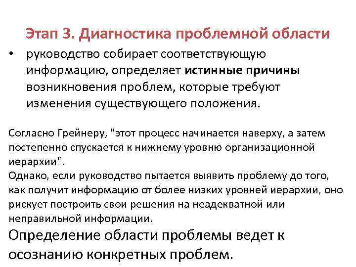 Этап 3. Диагностика проблемной области • руководство собирает соответствующую информацию, определяет истинные причины возникновения