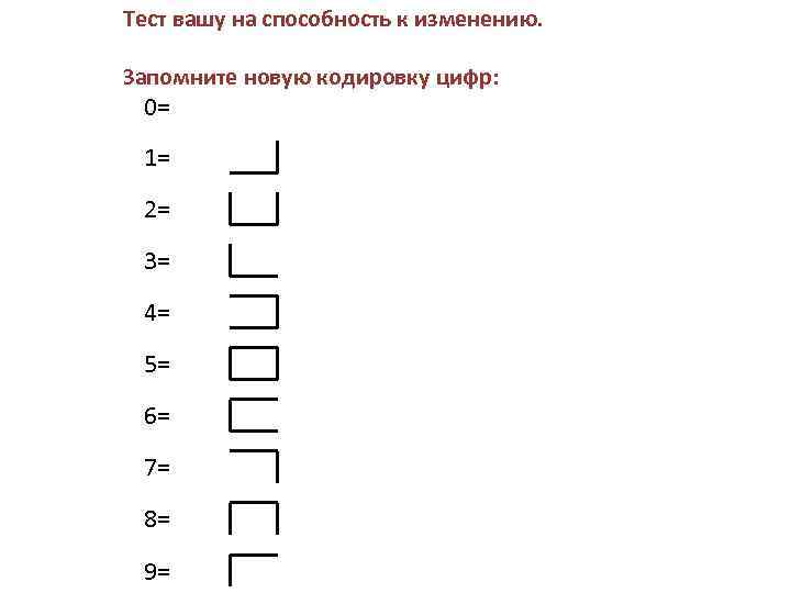 Тест вашу на способность к изменению. Запомните новую кодировку цифр: 0= 1= 2= 3=