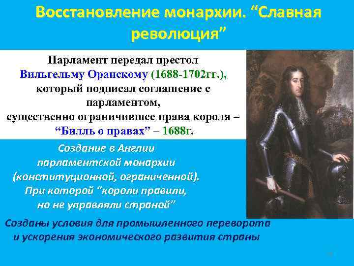 Восстановление монархии. “Славная революция” Парламент передал престол Вильгельму Оранскому (1688 -1702 гг. ), который